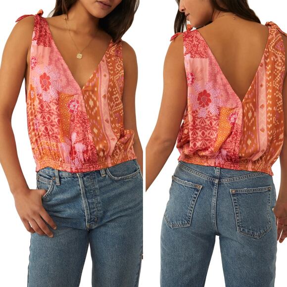 New! Free People Tied to You Print Surplice Tank in Lemonade Combo, size XL - Picture 1 of 16